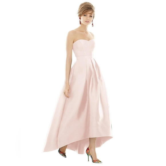 Alfred Sung-Strapless Satin High Low Dress with Pockets - Picture 2 of 7